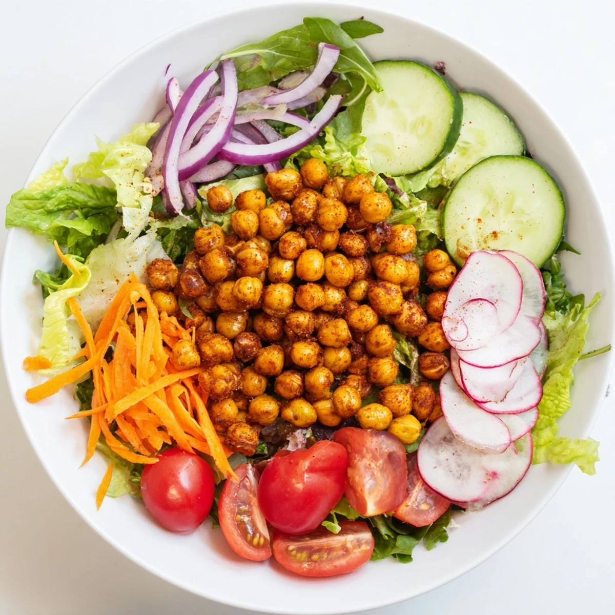Mixed Greens Salad with crispy chickpea croutons, a colorful and refreshing salad ready to be enjoyed.