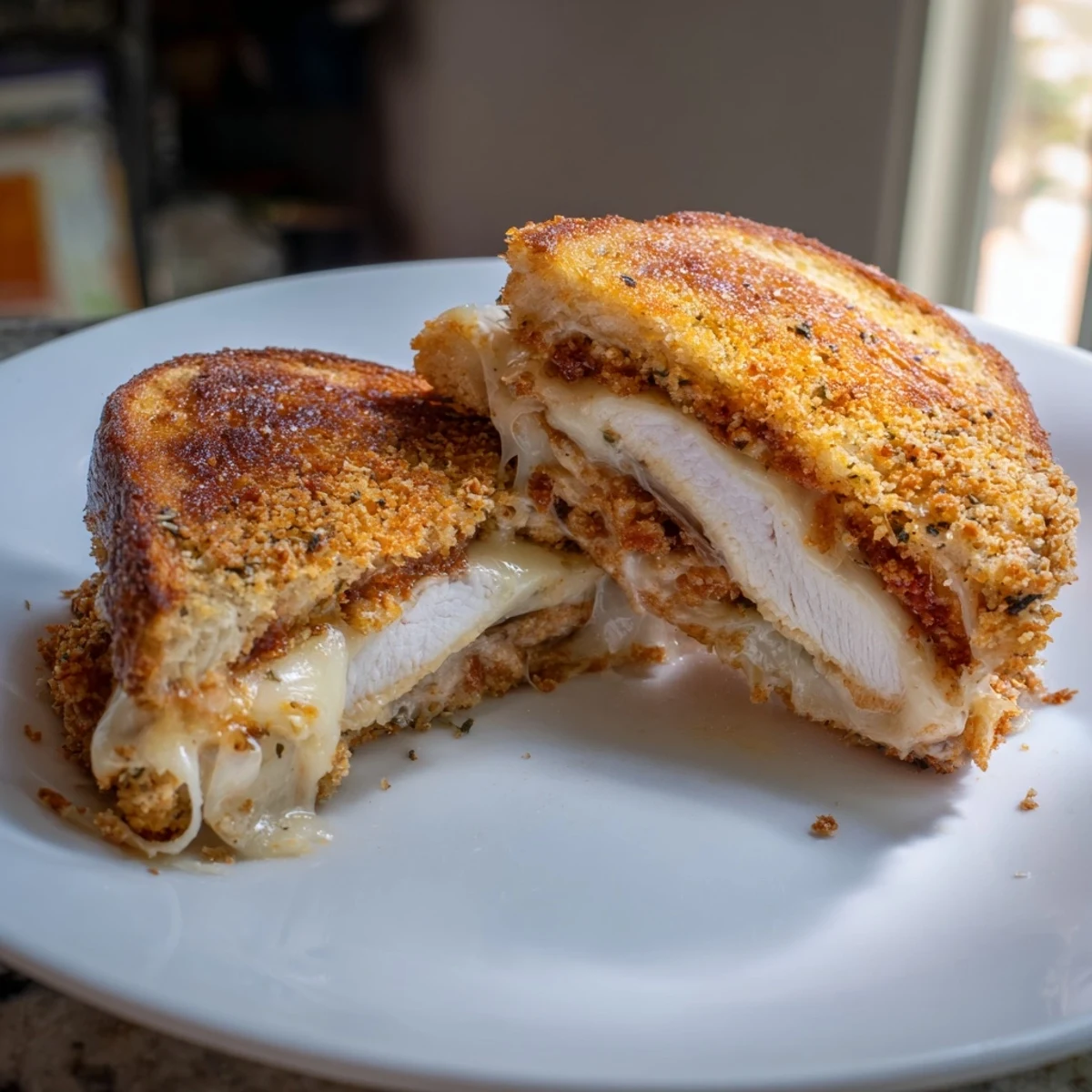 Melted cheese oozes from inside the grilled cheese, featuring flavorful crispy Parmesan chicken thighs.