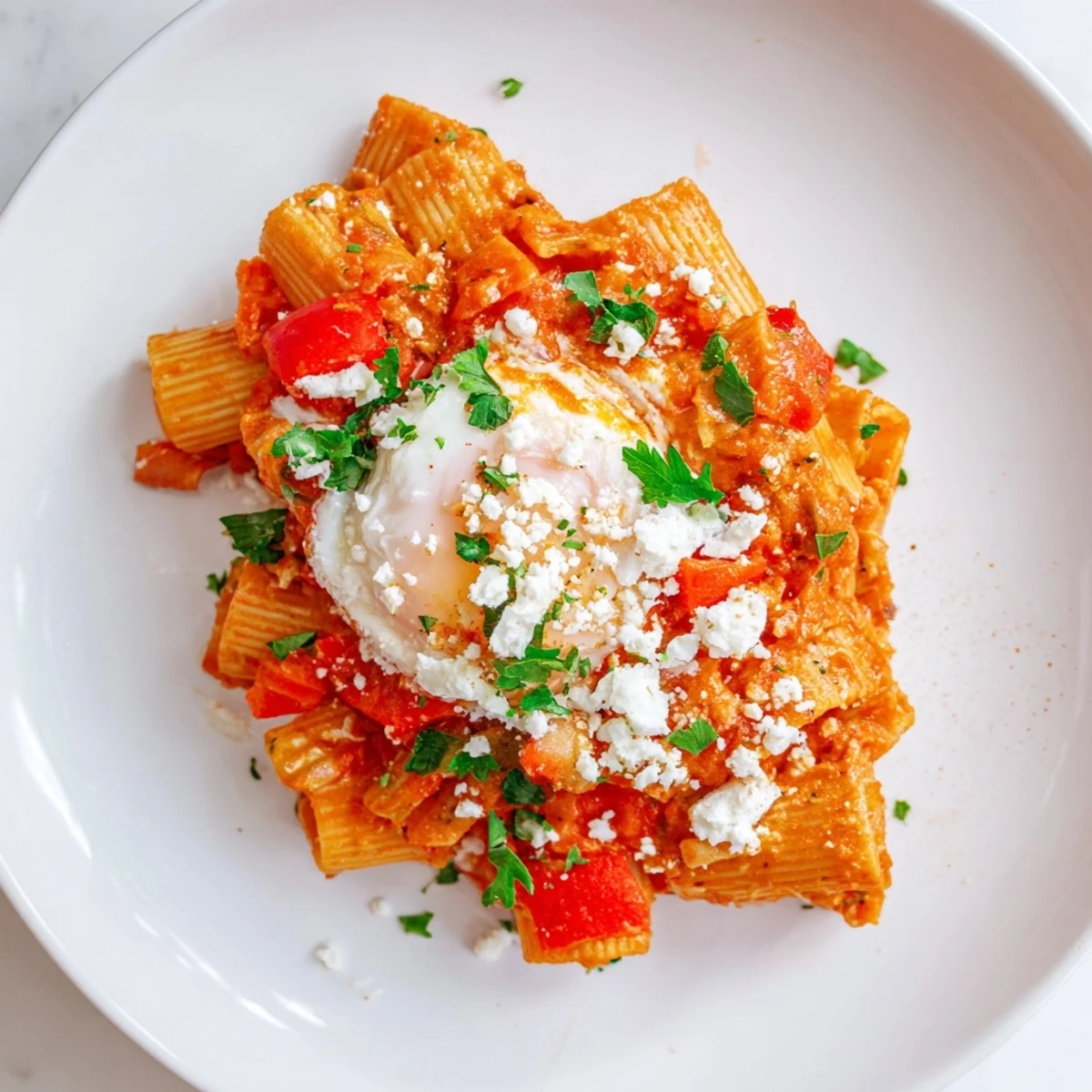 Quick Shakshuka Pasta with a vibrant tomato sauce, perfectly cooked eggs, and penne pasta.
