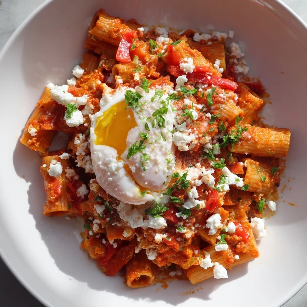 Hearty and quick Quick Shakshuka Pasta, creamy sauce covering tender pasta topped with fresh herbs.