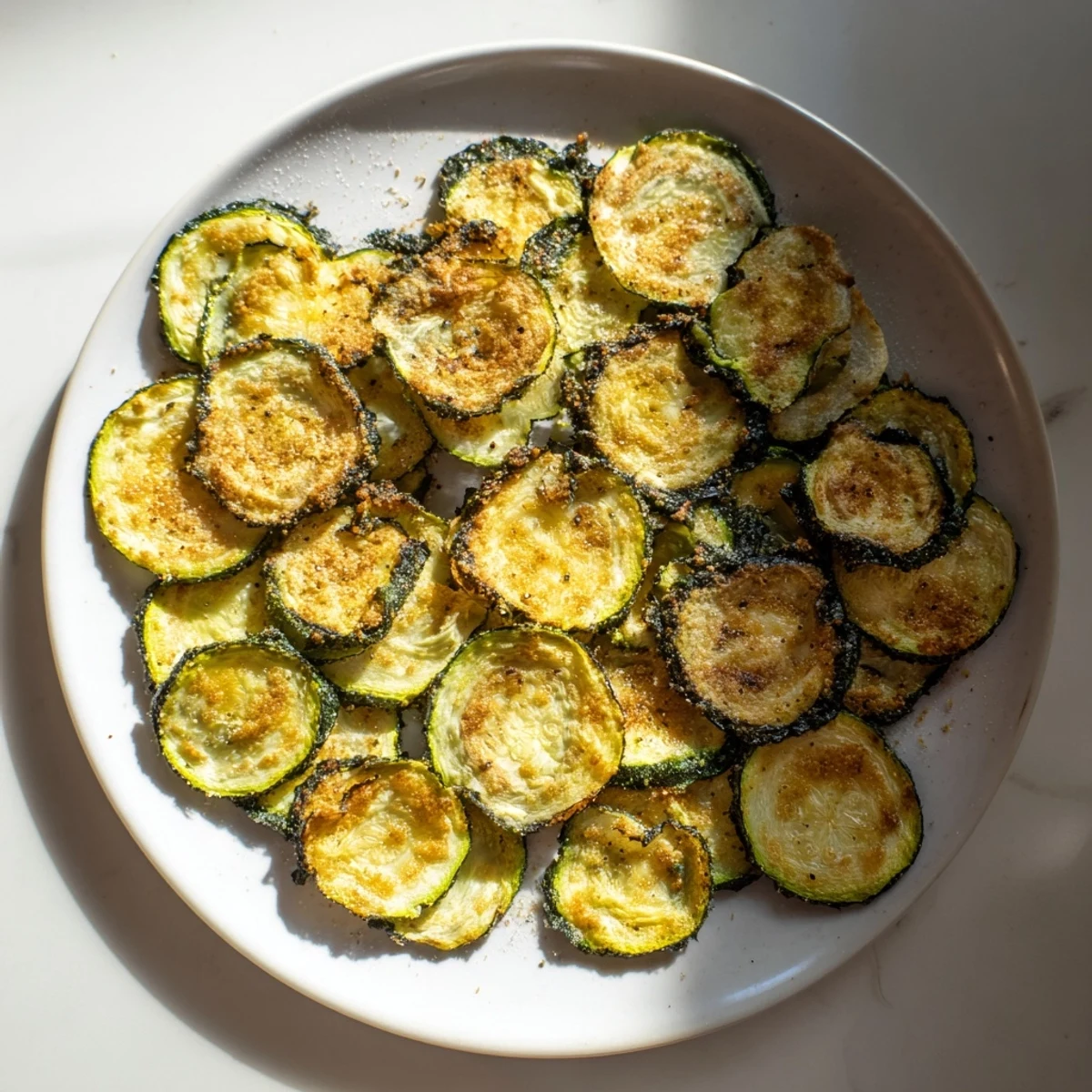 Golden, crispy zucchini chips arranged on a baking sheet, ready for a delicious, healthy snack.