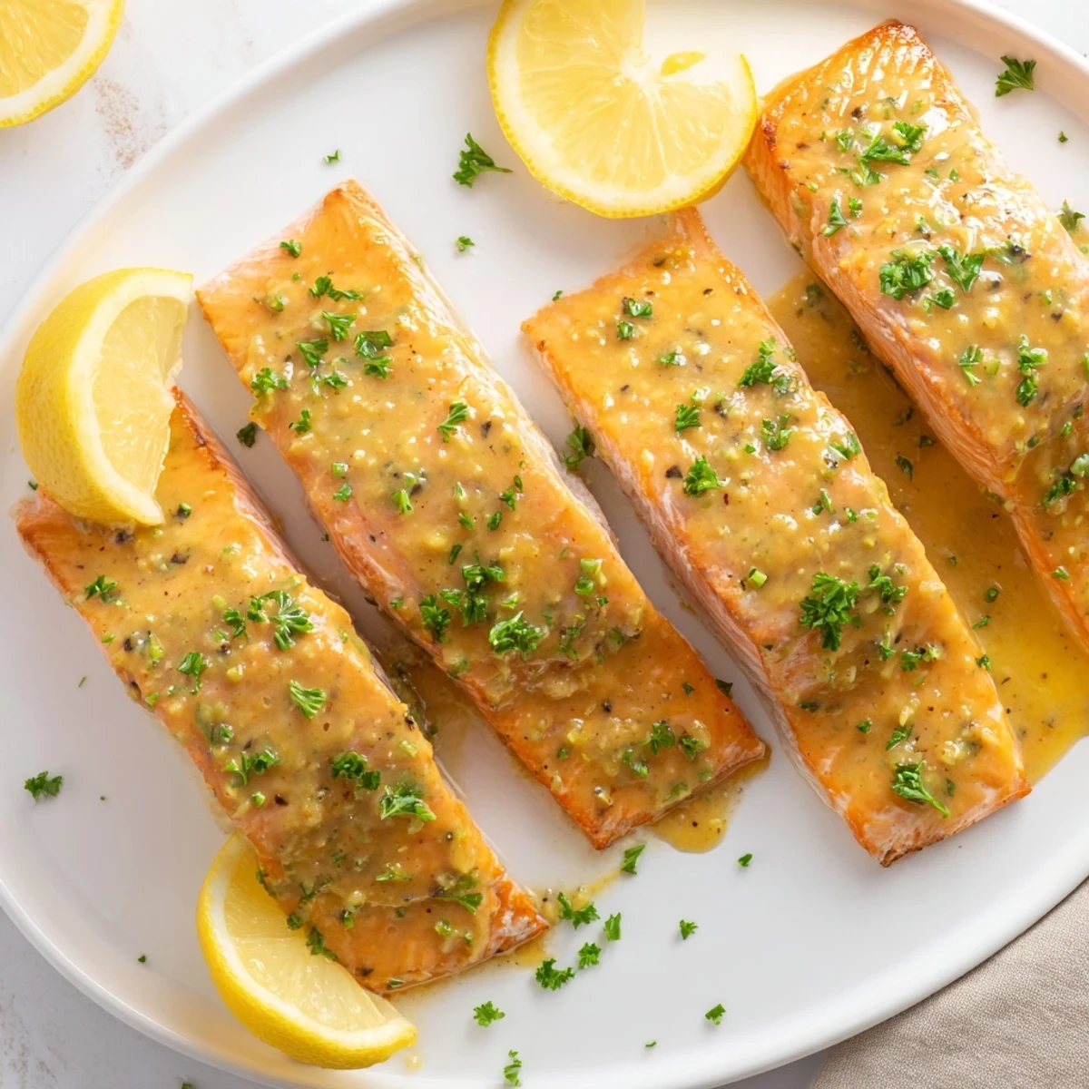 Golden baked honey mustard salmon topped with fresh parsley, ready to serve for a delightful dinner.