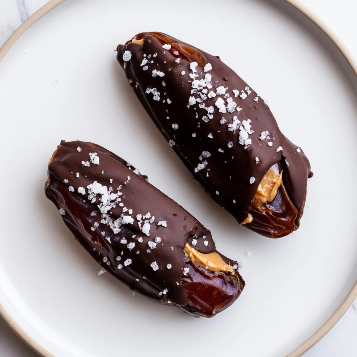 Close-up view of chocolate peanut butter dates, a delicious, no-bake treat with flaky sea salt.