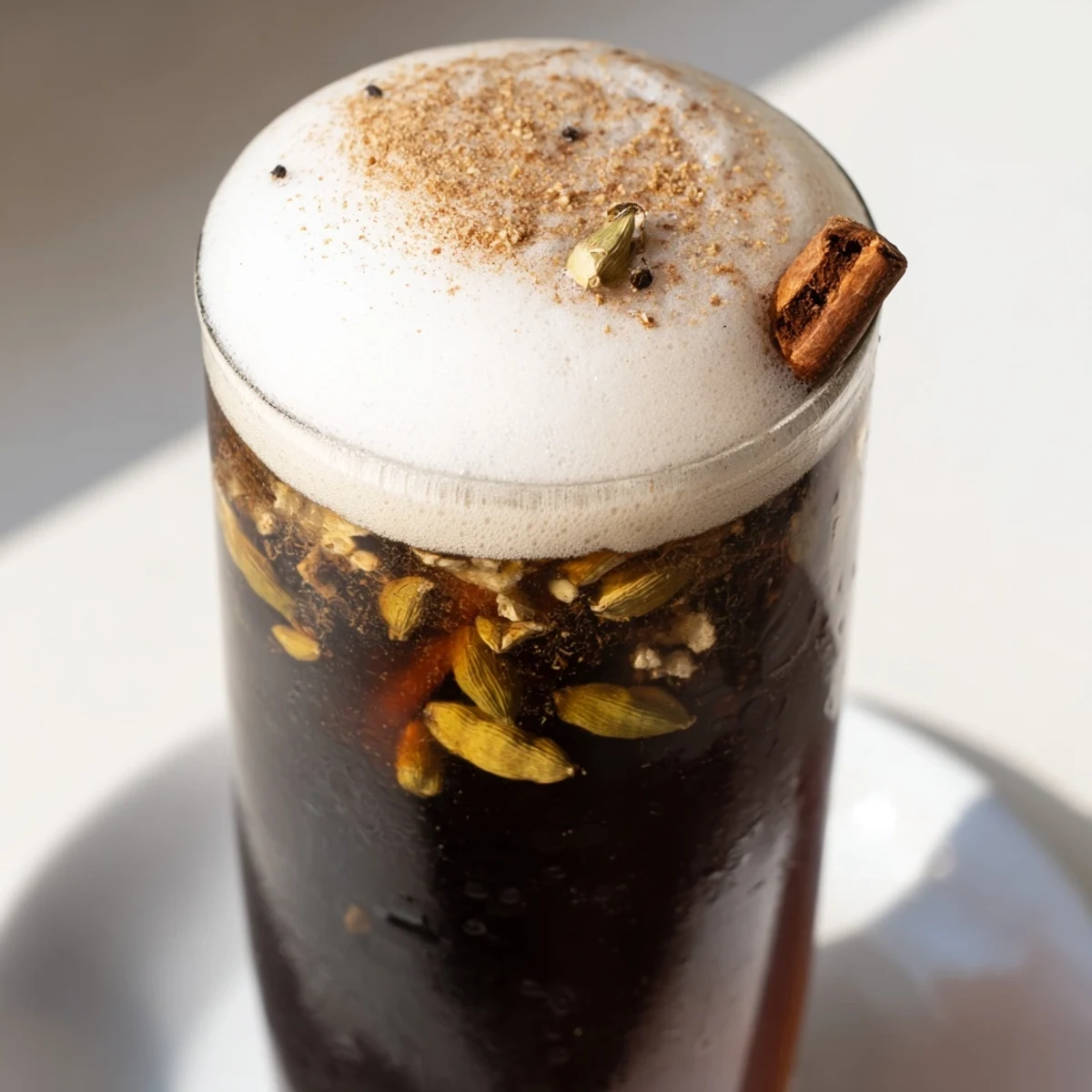 Frothy cold foam tops this homemade iced chai, offering a creamy, spiced delight in a glass.