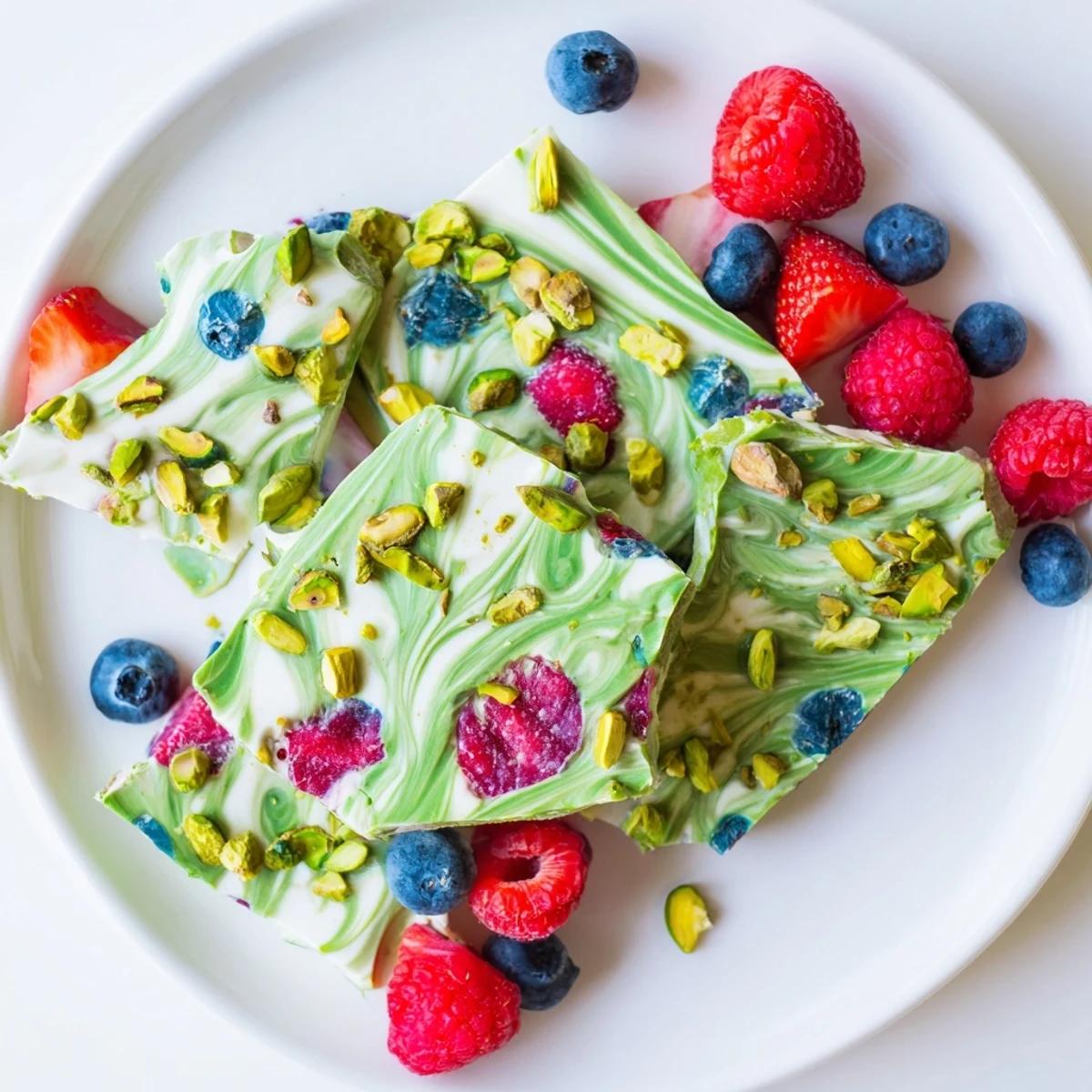 This homemade frozen yogurt bark features visible streaks of matcha and fresh berries, a healthy dessert option.