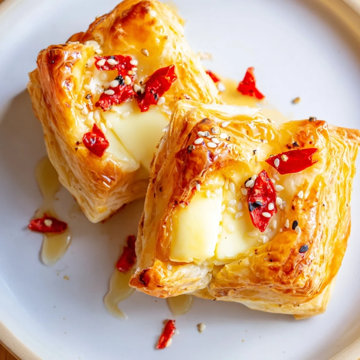 Golden, bubbly Chili Crisp Honey Brie Bites, showcasing the perfect blend of sweet and spicy flavors.