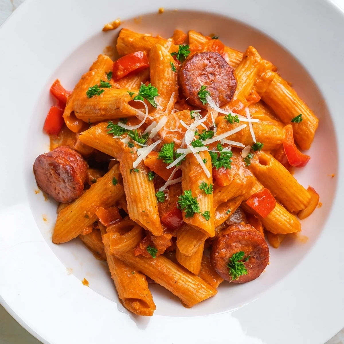 Steaming bowl of Spanish chorizo pasta, garnished with fresh parsley and Parmesan for a vibrant meal.