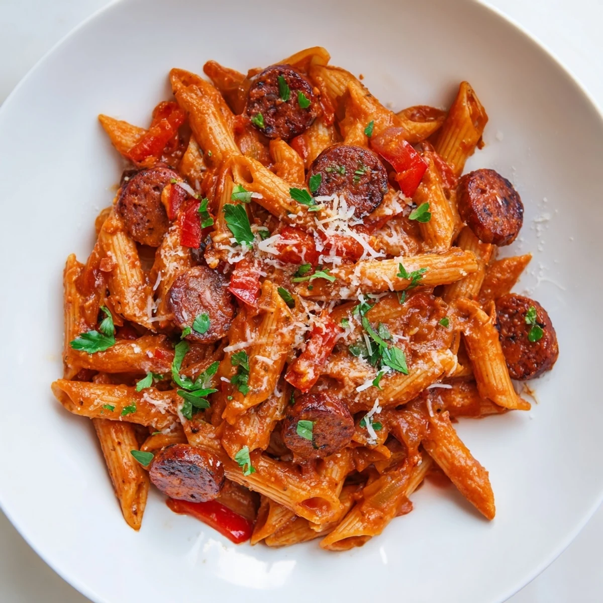 Delicious Spanish chorizo pasta, ready to serve, with tender pasta coated in a rich tomato and chorizo sauce.