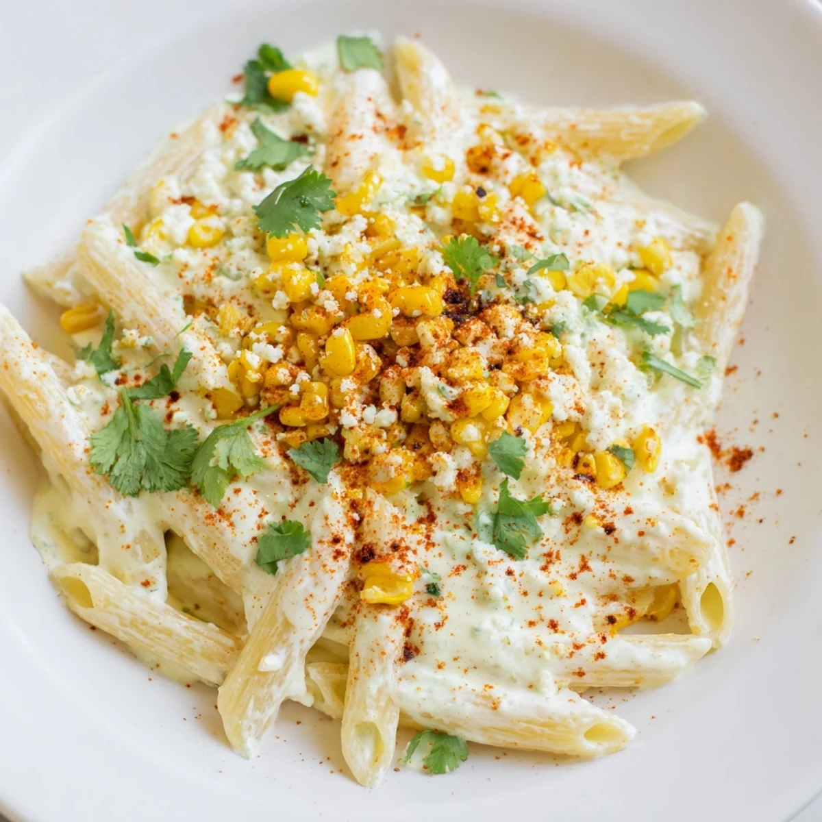 A bowlful of flavorful Mexican Street Corn Pasta, brightened with lime and fresh cilantro garnish.