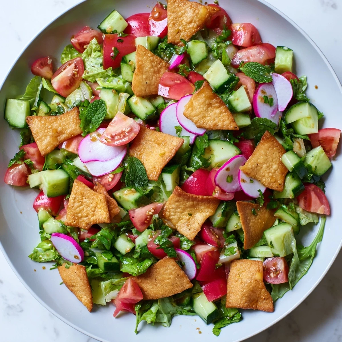 A close-up of a beautifully plated Lebanese Fattoush Salad, showcasing the homemade sumac dressing.