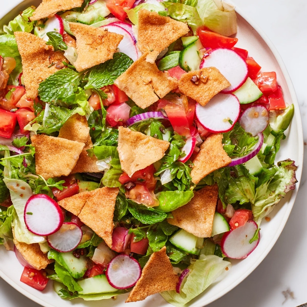 Golden, toasted pita pieces atop a refreshing Lebanese Fattoush Salad, perfect for a light vegetarian lunch.