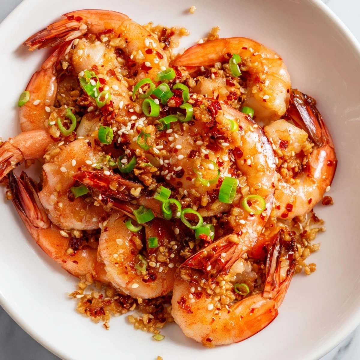 Korean garlic butter shrimp sizzles in a skillet, coated in a luscious, spicy, and buttery sauce.