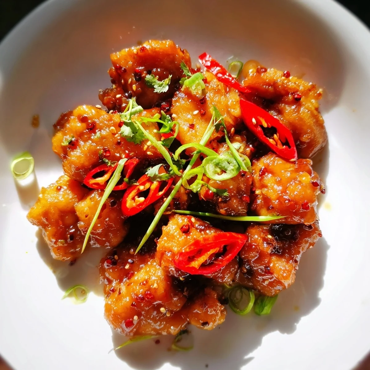 Sticky Vietnamese Caramel Chicken glistening on a plate, garnished with fresh herbs and scallions.