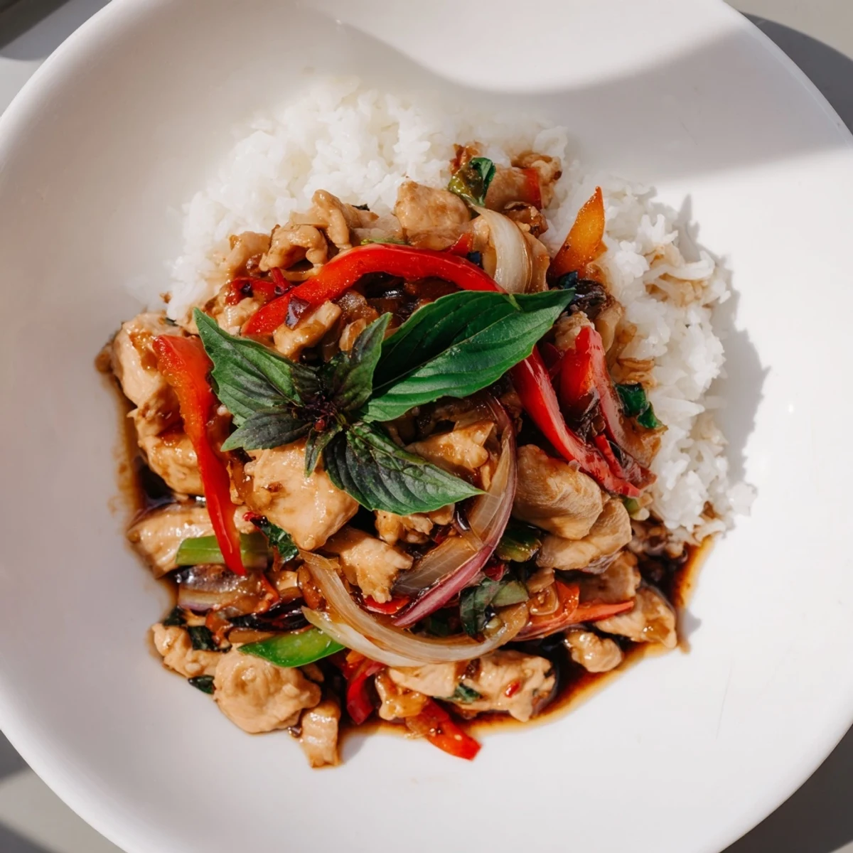 A steaming Thai Basil Chicken Bowl with vibrant bell peppers and fragrant basil.
