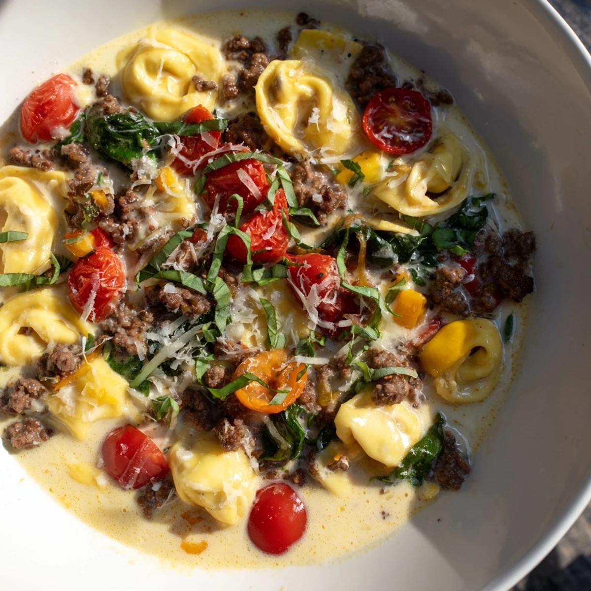 A steaming bowl of Tortellini Beef Soup, garnished with Parmesan cheese and fresh herbs.