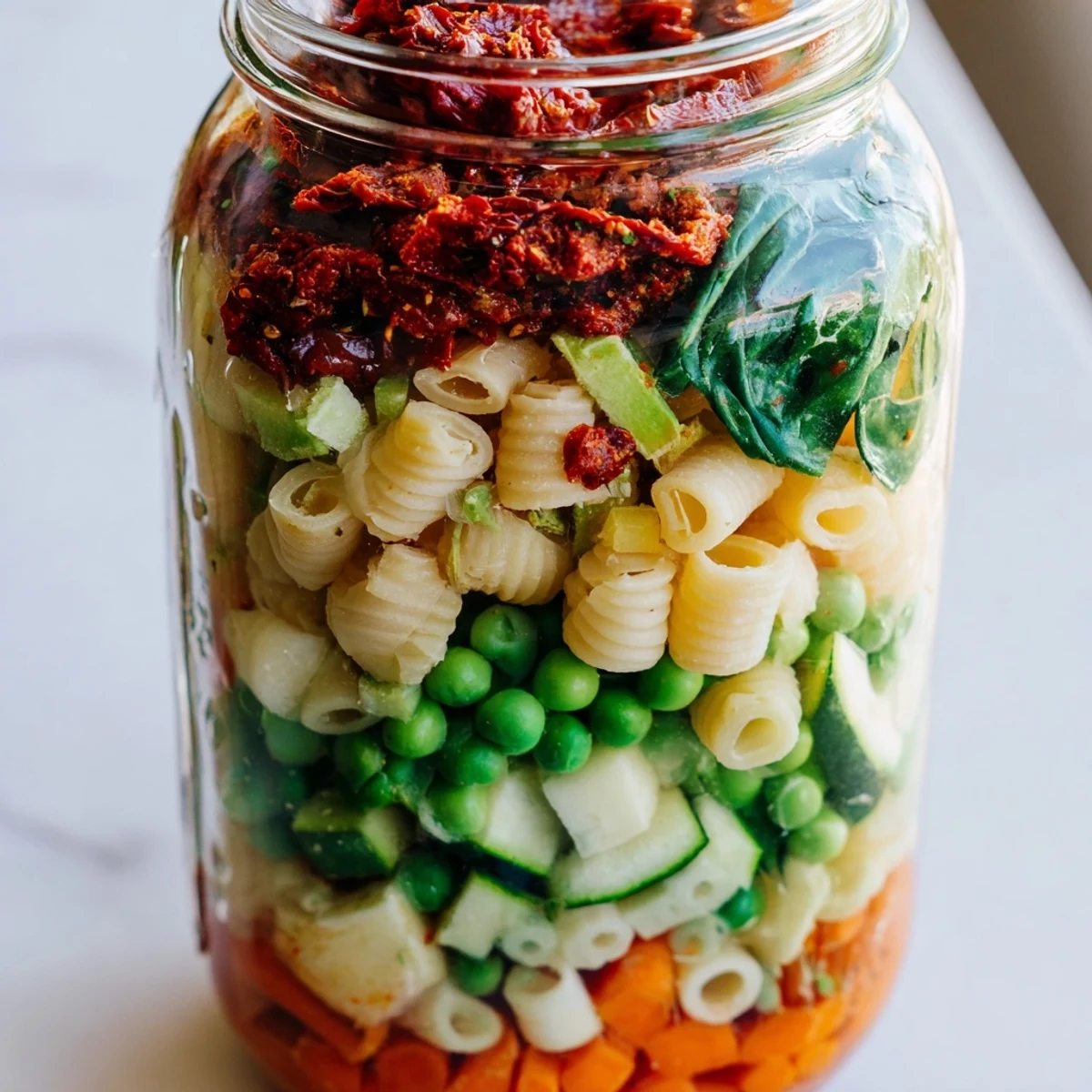 Close-up of a mason jar filled with make-ahead minestrone soup, perfect for a quick, healthy lunch.