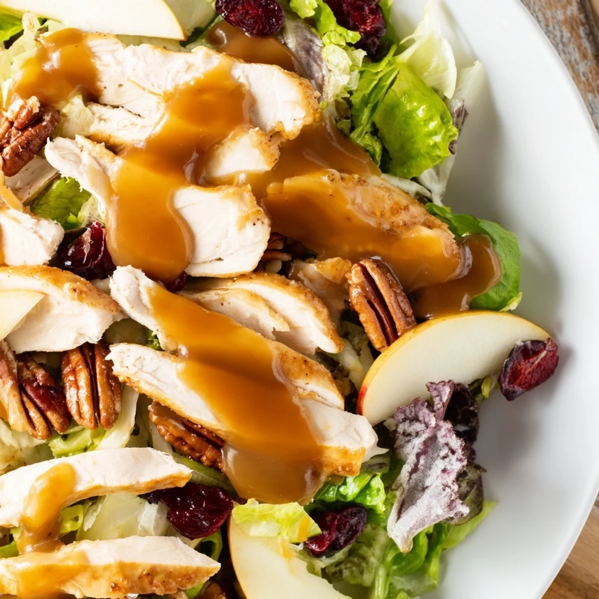 Close-up of Caramel Apple Chicken Salad drizzled with caramel-pecan dressing, showcasing glossy apples and candied pecans on a bed of fresh greens.