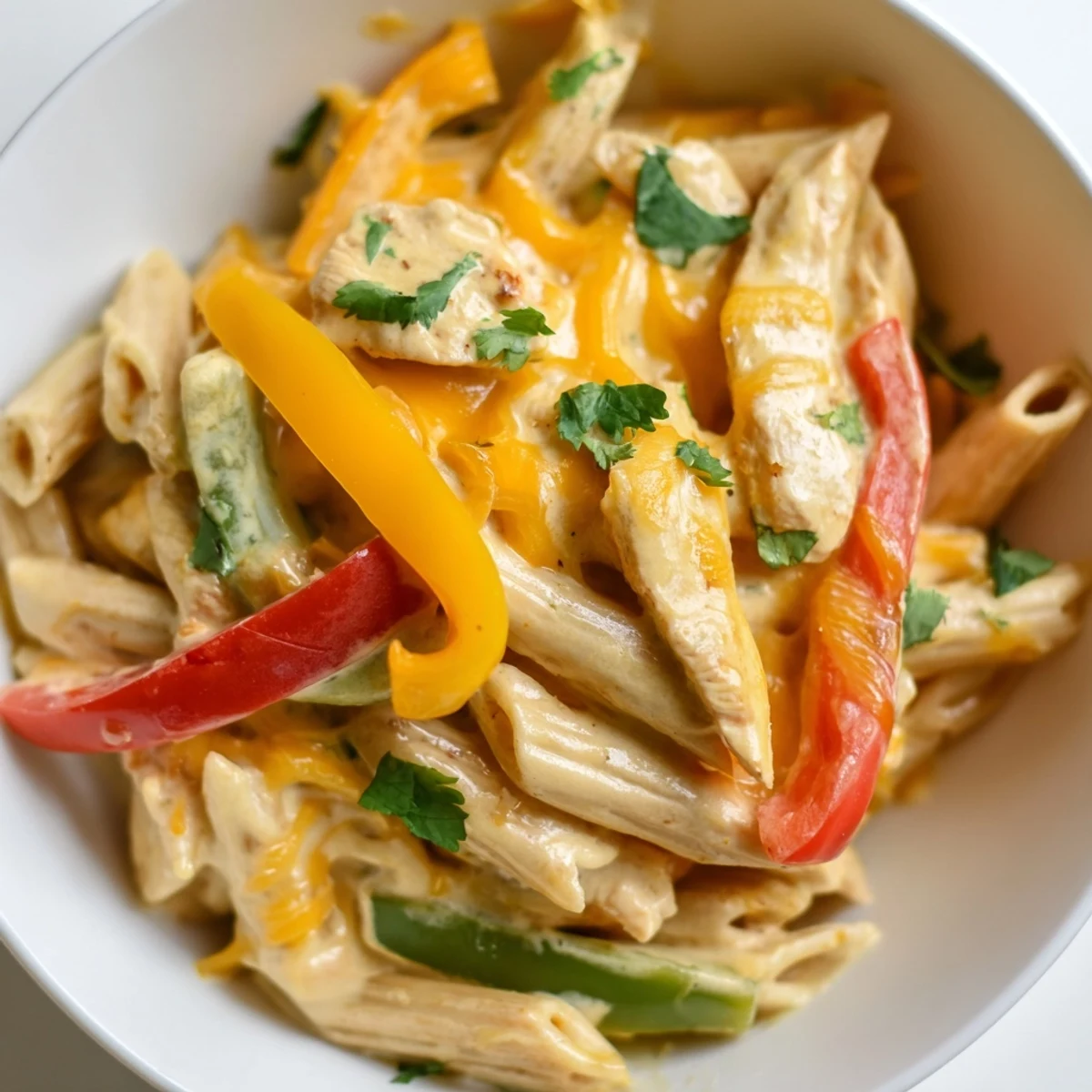 Colorful peppers and onions mingle with tender chicken in this vibrant, one-pan Chicken Fajita Pasta Skillet dinner.  