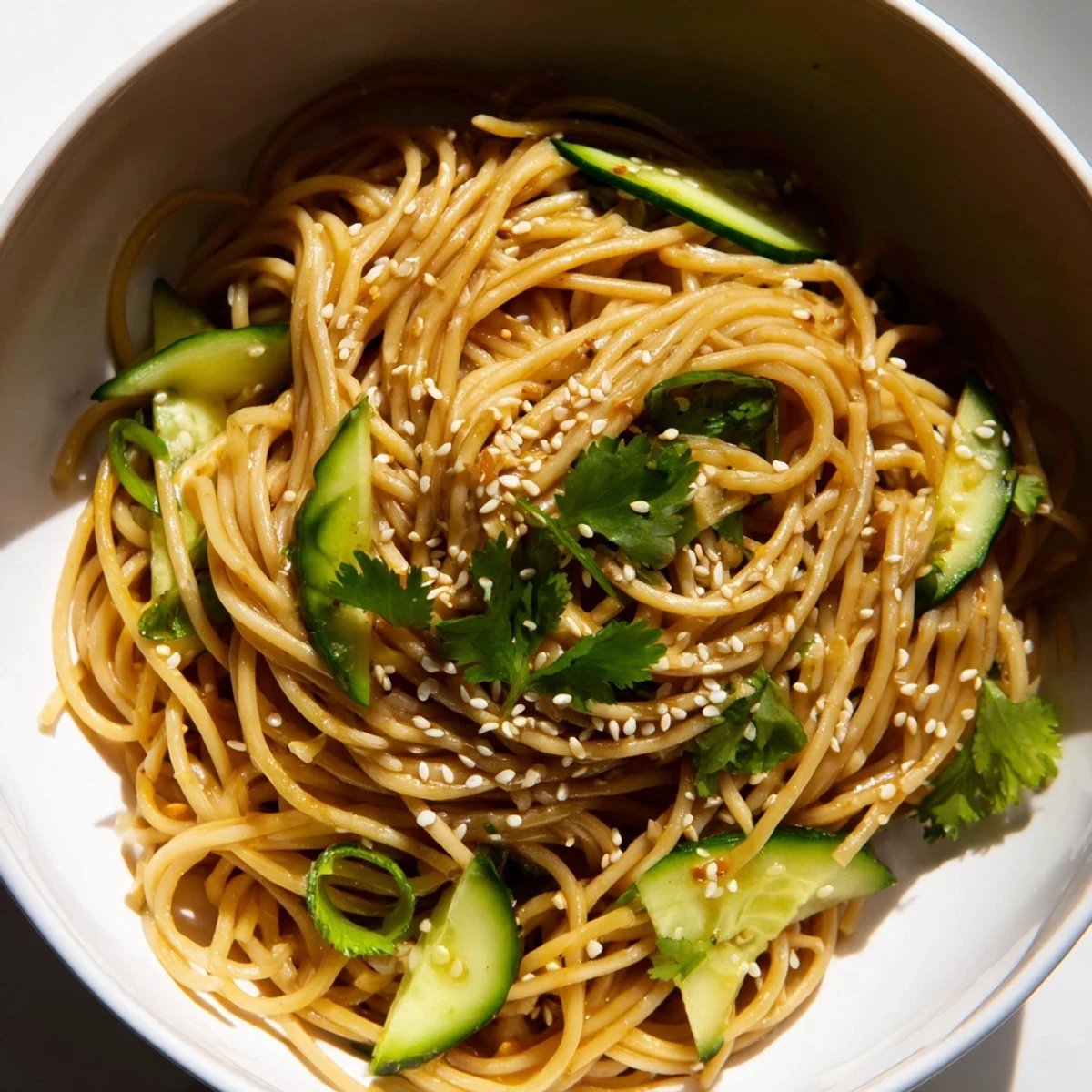 Ready-to-eat Spicy Sesame Noodle Salad featuring colorful spring onions and cilantro, ideal for a light, refreshing lunch.