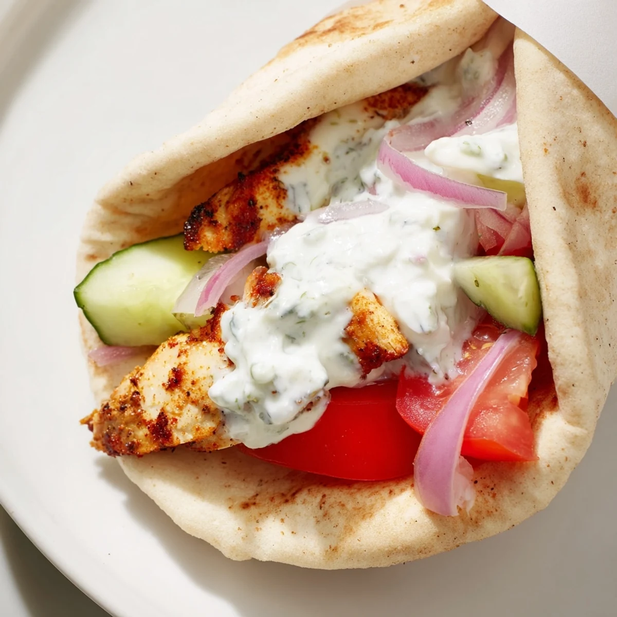 A close-up of a Greek Chicken Wrap, filled with juicy grilled chicken, creamy tzatziki, crisp cucumber slices, and diced ripe tomato in a soft pita.