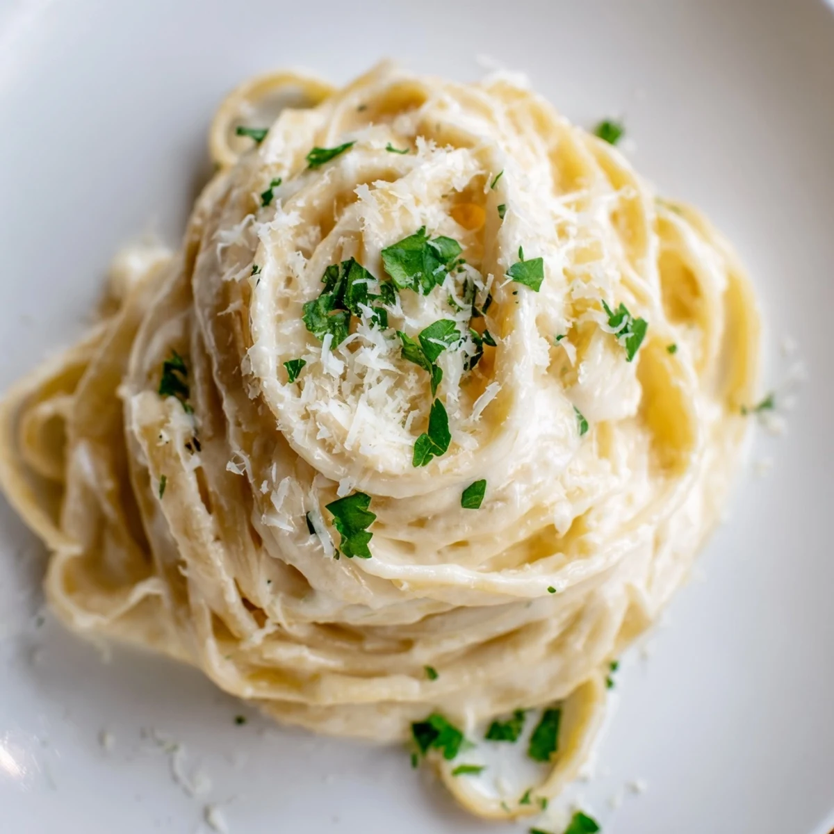 Creamy roasted garlic cream pasta twirls in a skillet with melted Parmesan and fresh parsley garnish.  