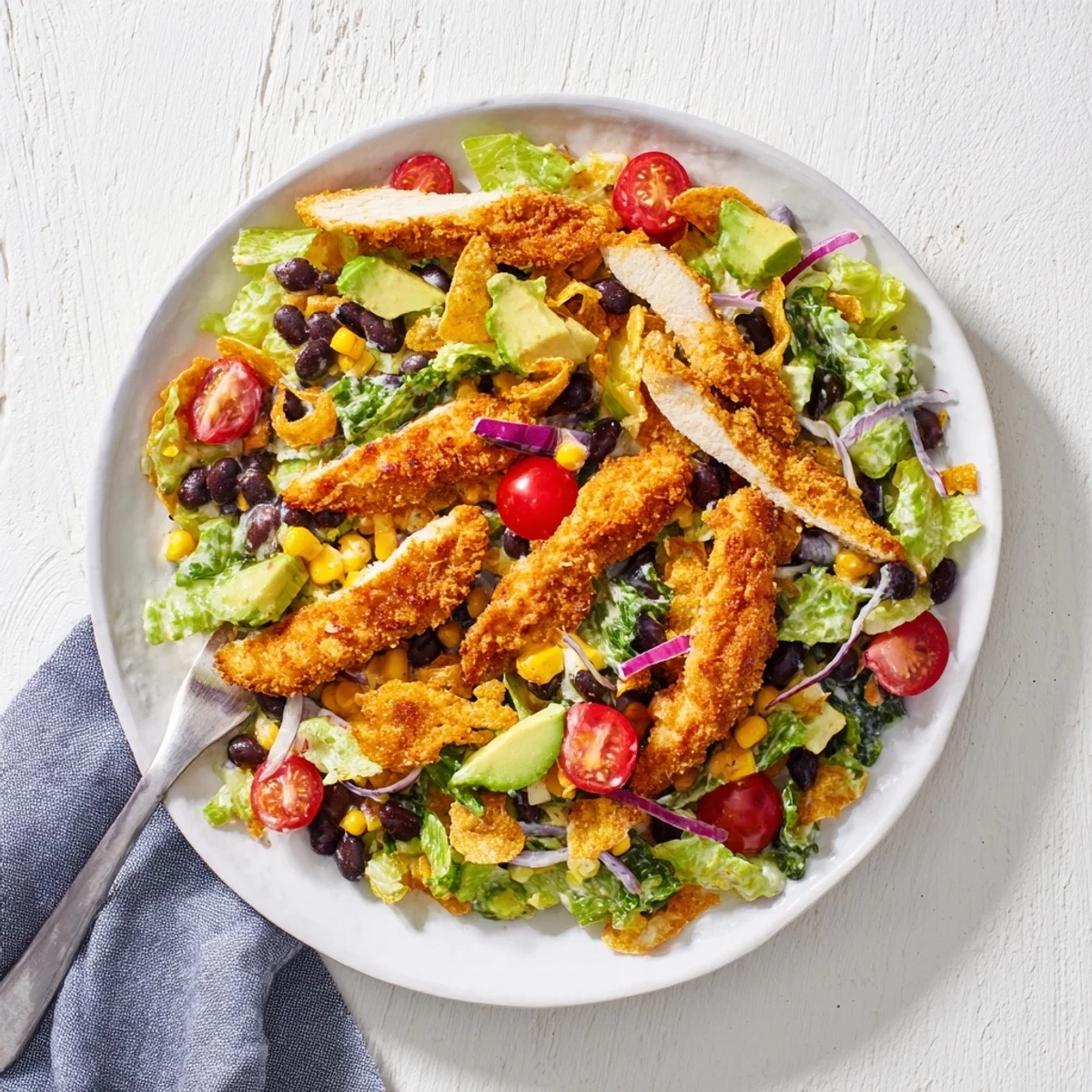 Golden-brown crispy chicken strips rest atop a bed of crisp romaine, black beans, corn, and vibrant cherry tomatoes in this Crispy Chicken Taco Salad.