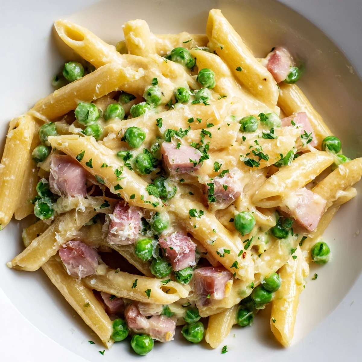 Serve Spring Pea & Ham Pasta hot, garnished with fresh parsley and extra Parmesan, perfect for a March family dinner.