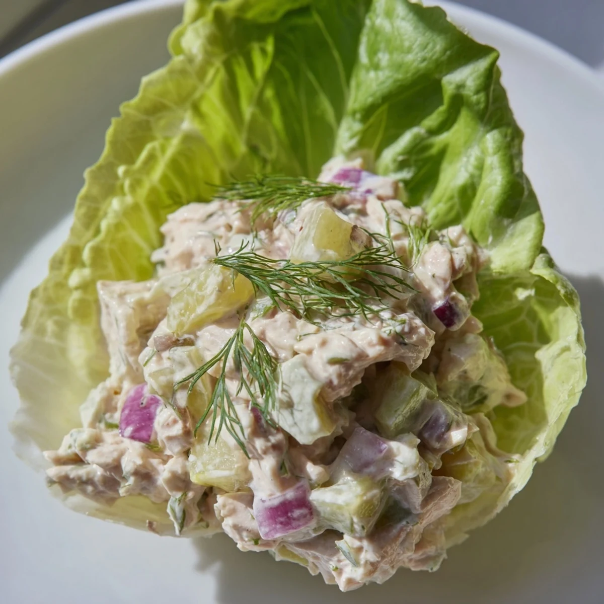 Freshly made Dill Pickle Chicken Salad Lettuce Cups are neatly arranged, showcasing creamy dressing and vibrant red onion specks.