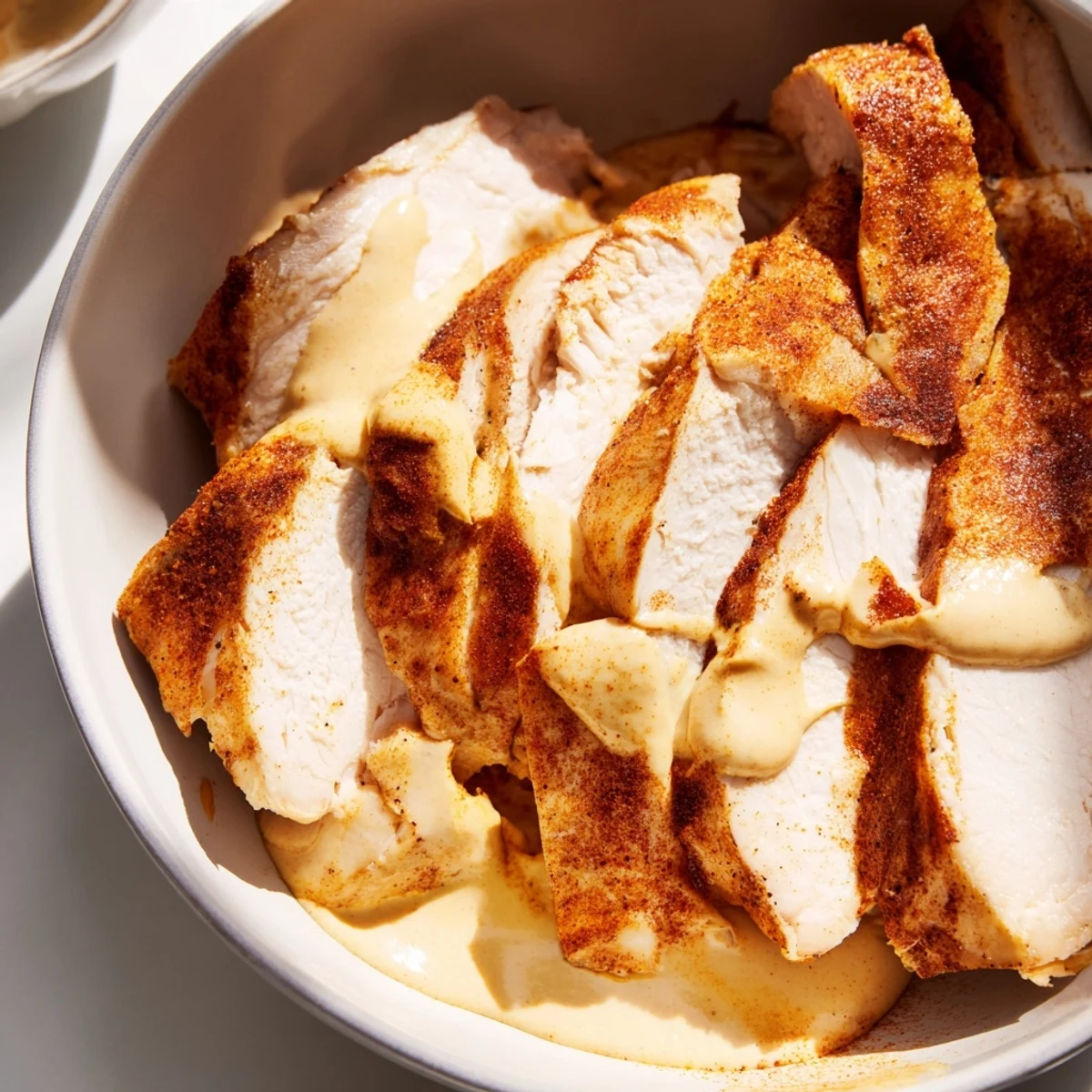 Sliced roasted chicken, crispy chickpeas, and fresh vegetables sit atop hearty farro in a Lemon Tahini Chicken Power Bowl, drizzled with creamy sauce.
