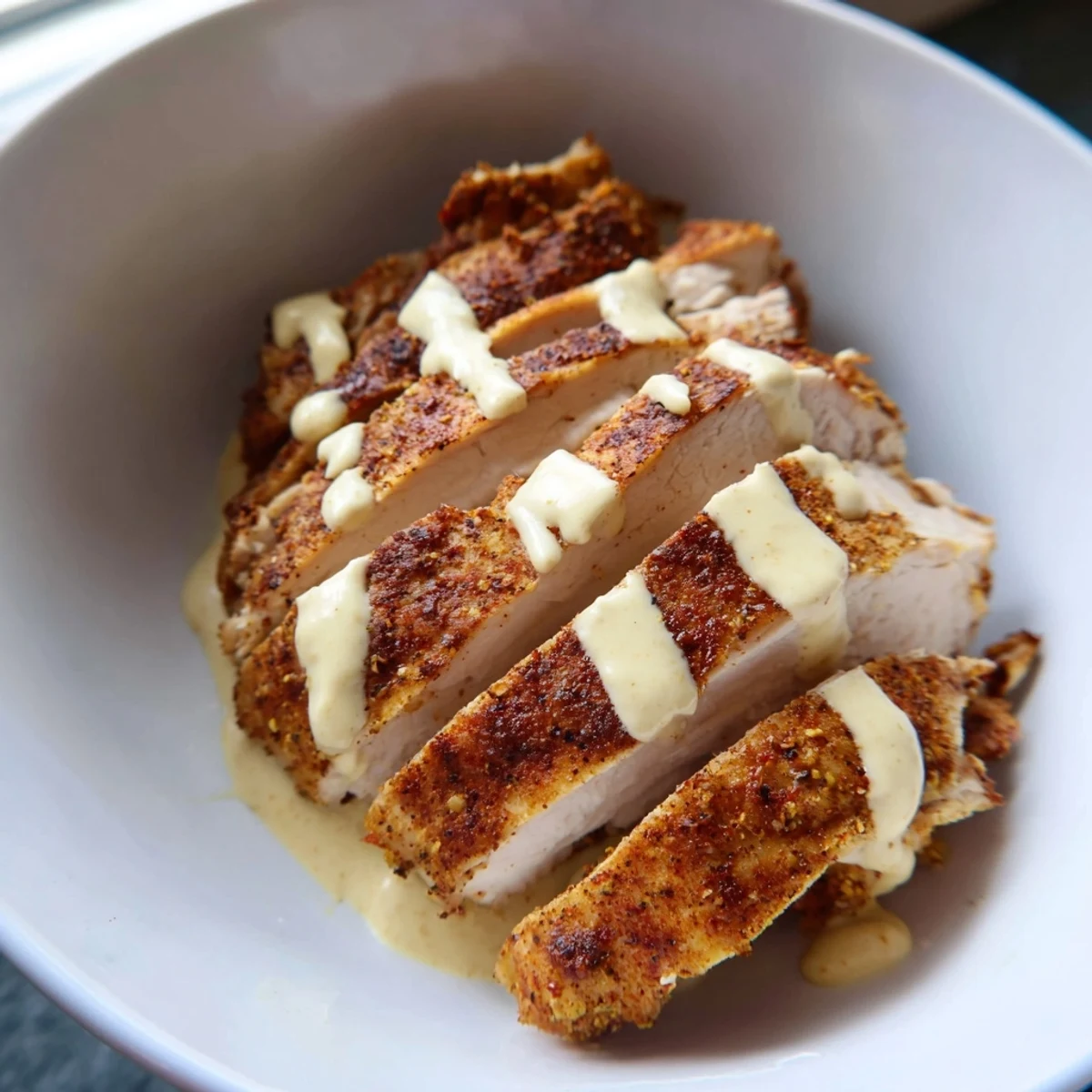 A close-up of the Lemon Tahini Chicken Power Bowl shows juicy chicken, vibrant greens, and chickpeas beside a zesty lemon tahini dressing.