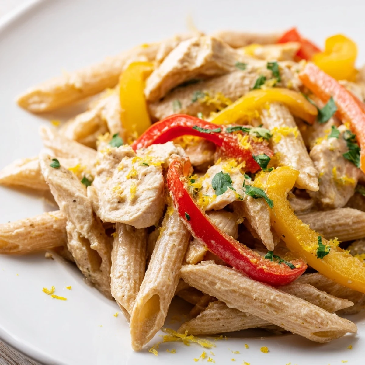 Serve Creamy Cajun Chicken Pasta Lite hot from the skillet, with lemon zest and Parmesan highlighting the dish’s bold Cajun flavors.