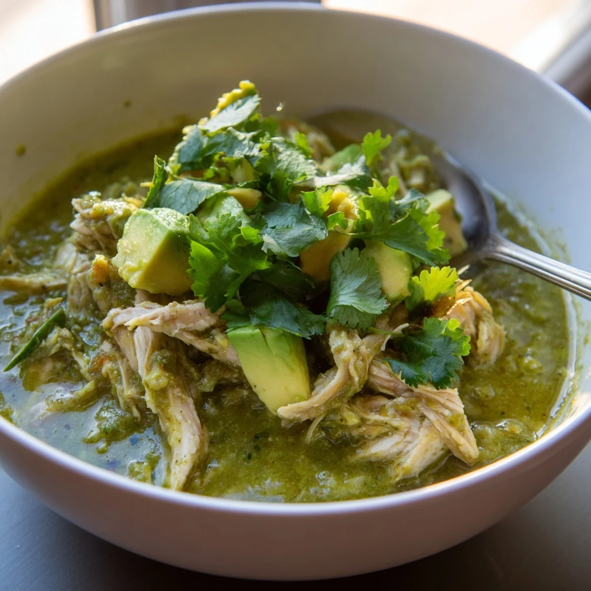A close-up of Chicken Chili Verde simmering in a pot, featuring tender shredded chicken in a vibrant, tangy green sauce topped with fresh cilantro and diced avocado.  