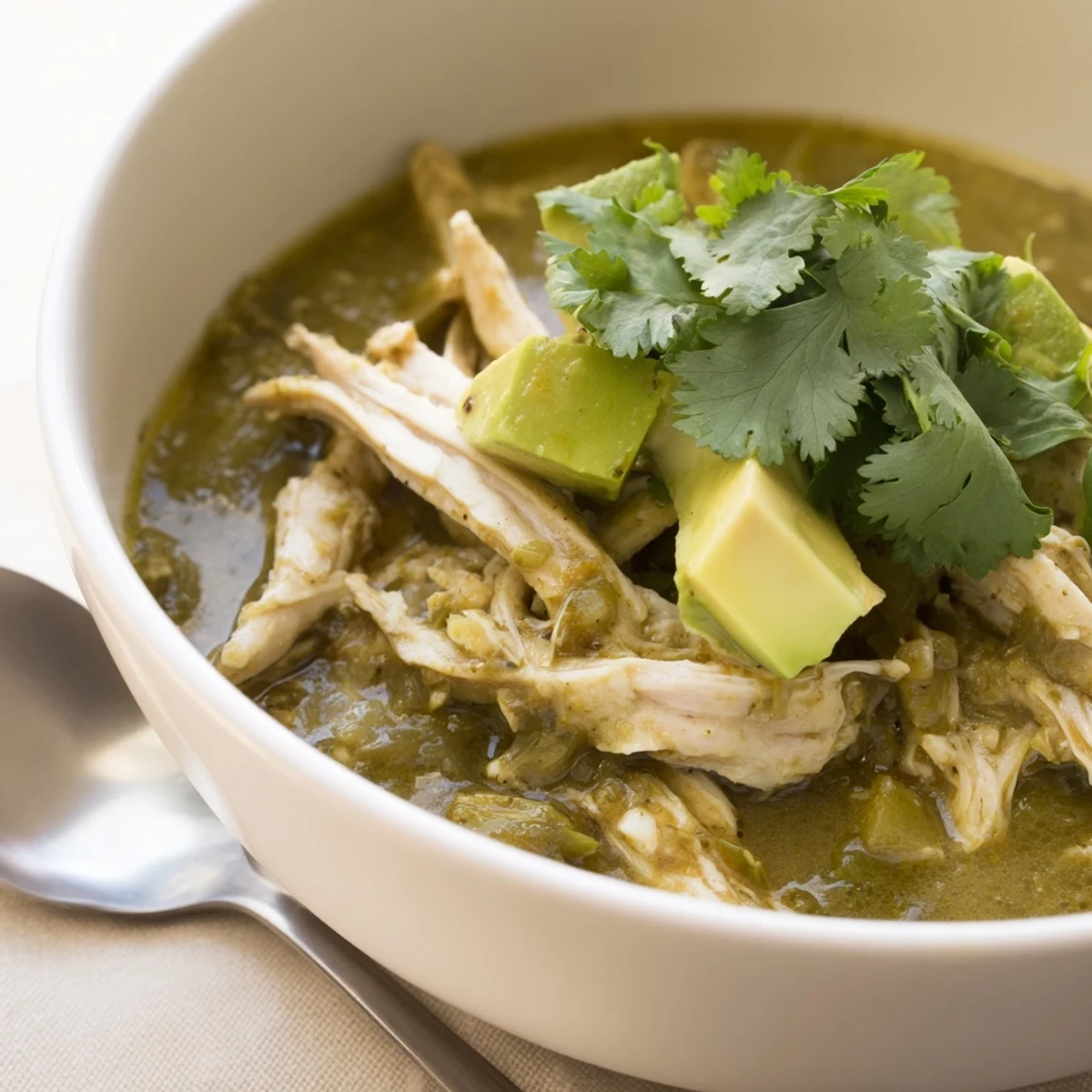 A rustic Dutch oven filled with Chicken Chili Verde, showcasing the rich, charred green sauce and tender chicken, ready for a comforting meal.