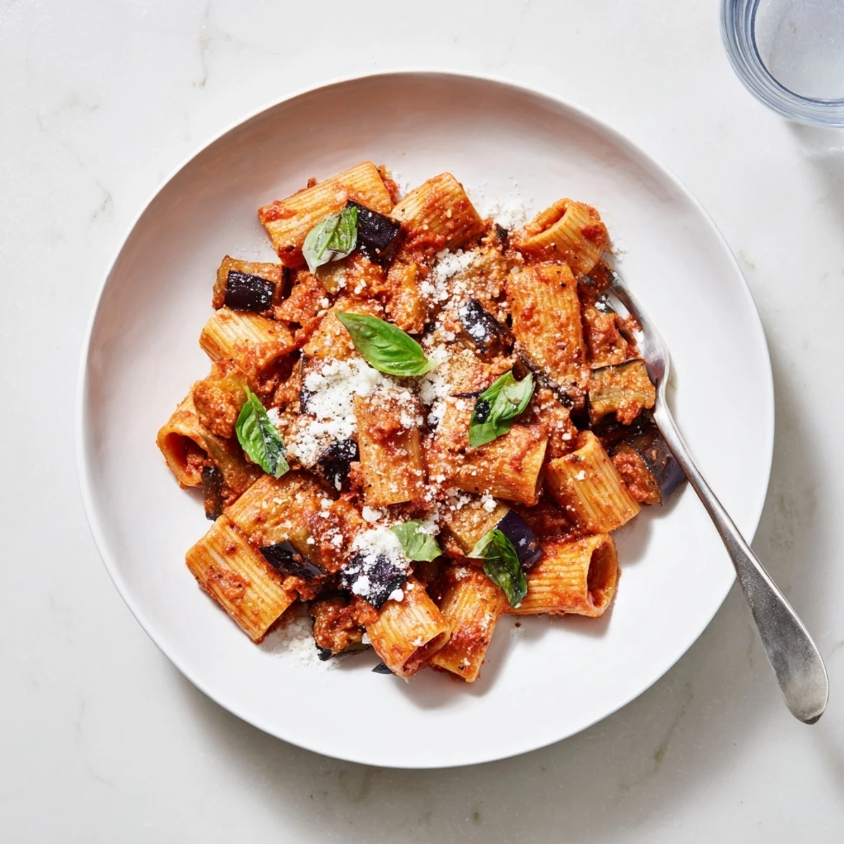 A hearty bowl of vegetarian Pasta Alla Norma features tender eggplant and rich tomato sauce, ready for a Sicilian-inspired dinner.