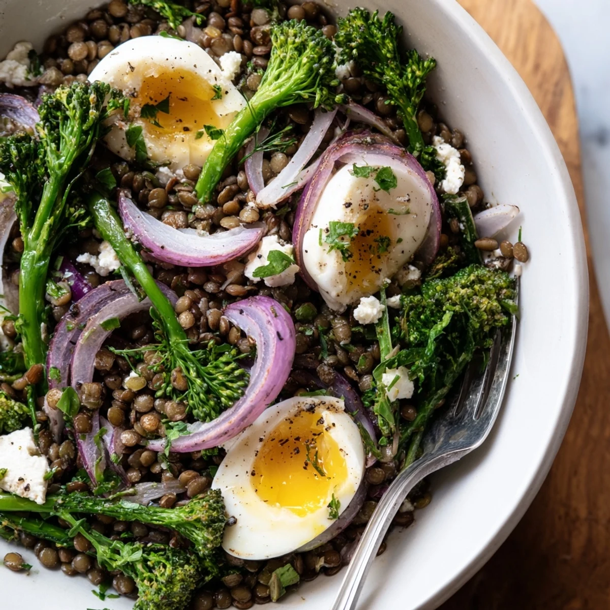 French Lentil Salad with vibrant broccolini and soft-cooked eggs drizzled in Dijon vinaigrette.