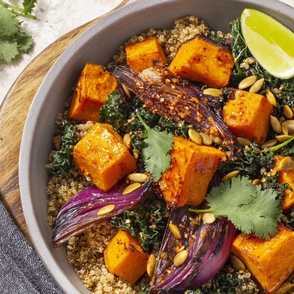 Roasted Sweet and Spicy Red Kuri Squash Bowl garnished with fresh cilantro and lime wedges.  