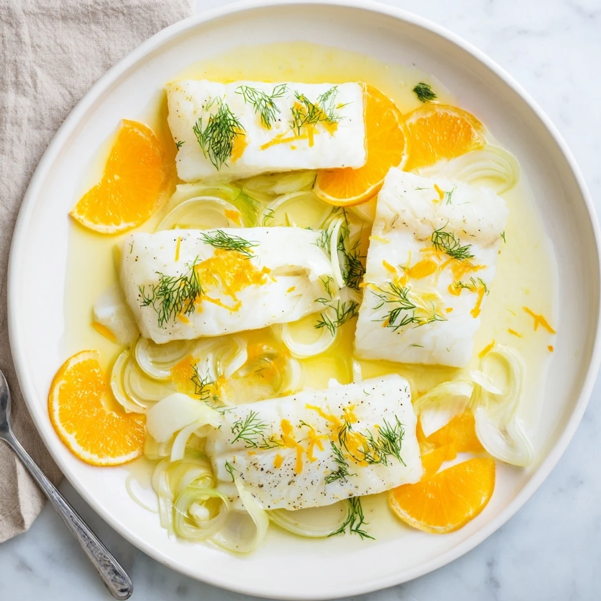 Flavorful poached cod with aromatic fennel, orange slices, and fresh herbs.