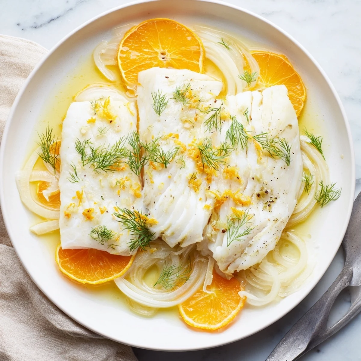 Tender poached cod with fennel and orange, a light and elegant main course.
