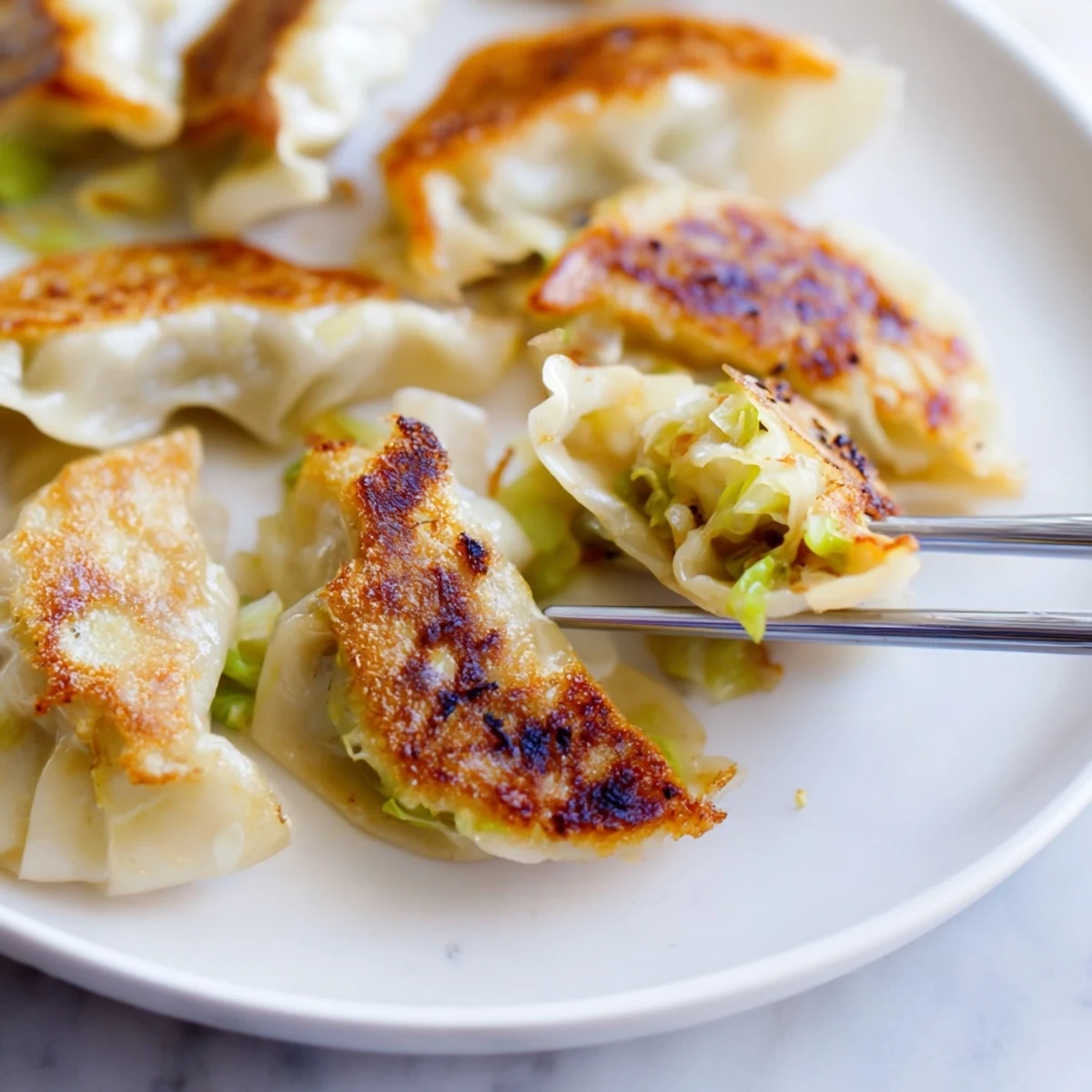 Golden-brown smashed gyozas sizzle in a pan, their crispy bottoms peeking out from tender wrappers. The savory pork filling and shredded cabbage create a delicious appetizer.  