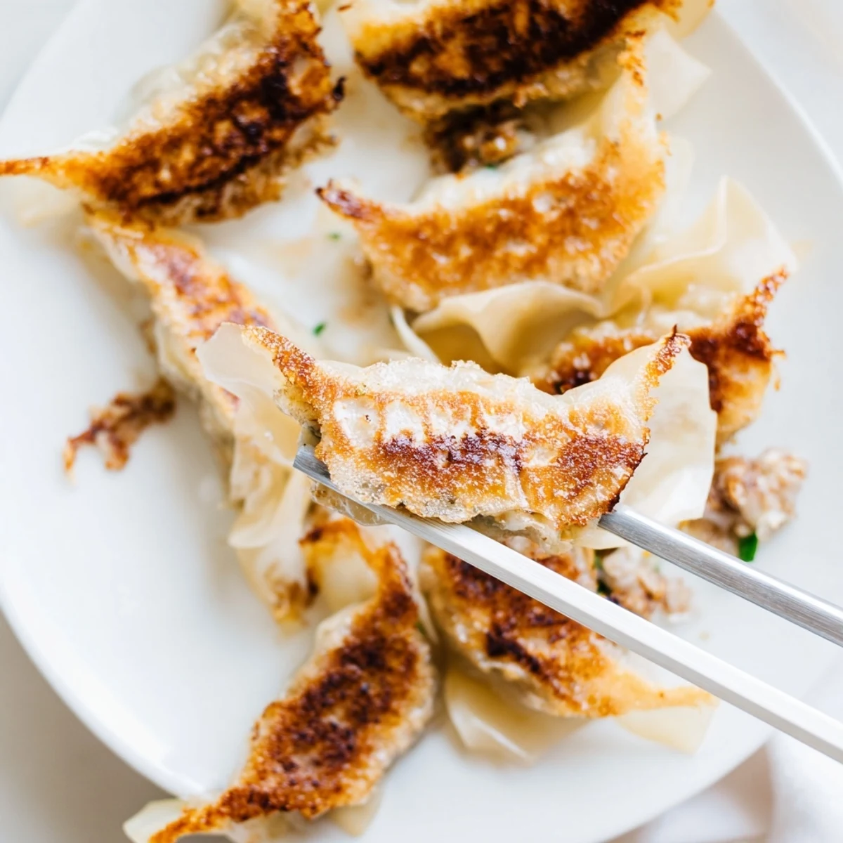 A close-up shot of smashed gyozas highlighting the pan-fried, golden-crisp texture and juicy pork filling. Perfect for quick weeknight dinners or crowd-pleasing parties.