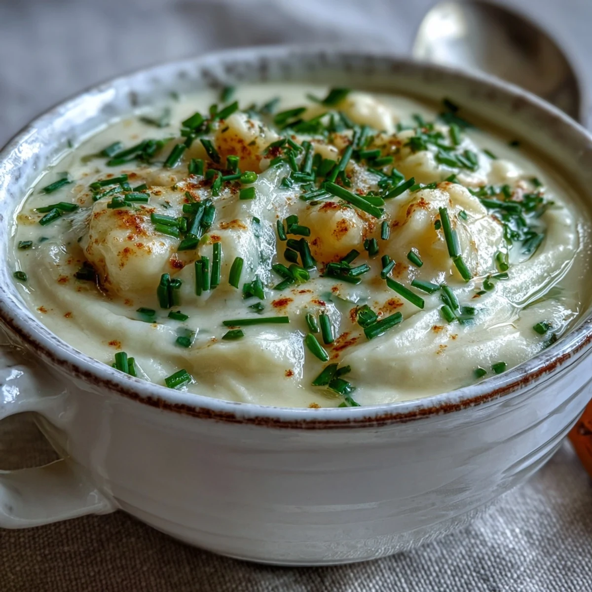 Velvety homemade Potato Leek Soup in a rustic bowl, featuring tender Yukon Gold potatoes and sweet leeks.