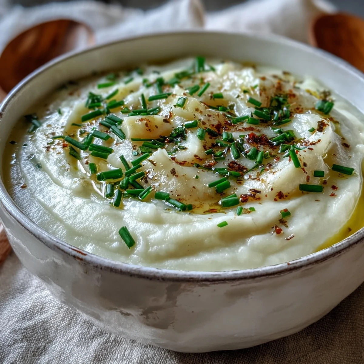 Smooth, hot Potato Leek Soup ladled into a white bowl, perfect topped with crispy bacon or seafood.