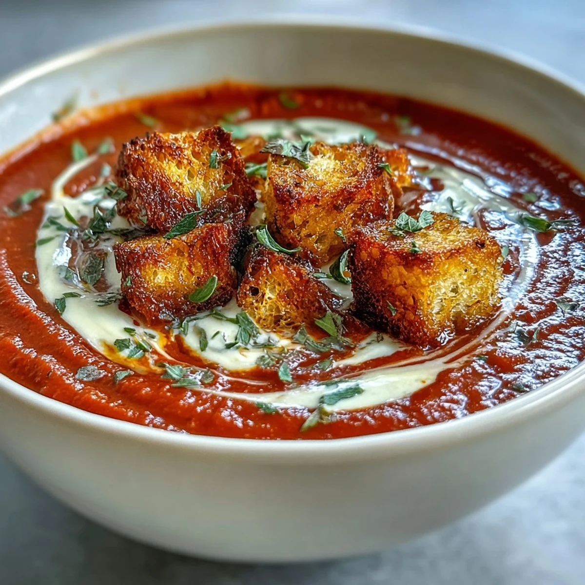 A bowl of Roasted Red Pepper Soup, garnished with fresh parsley and golden crispy croutons, perfect for cozy lunches.