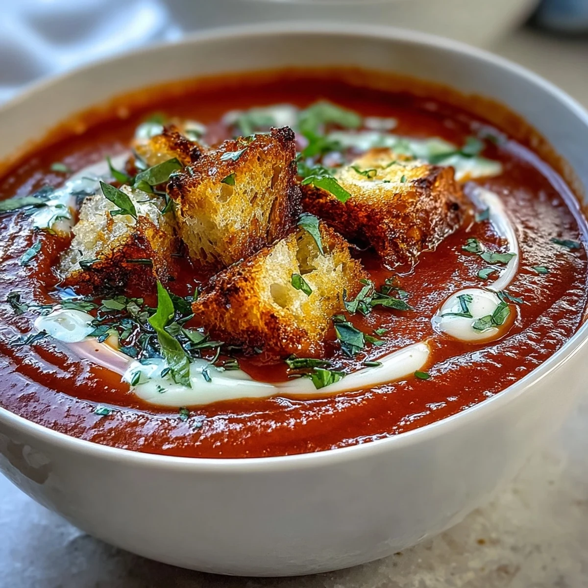 Creamy Roasted Red Pepper Soup swirled with harissa and topped with crunchy homemade croutons on a rustic table.