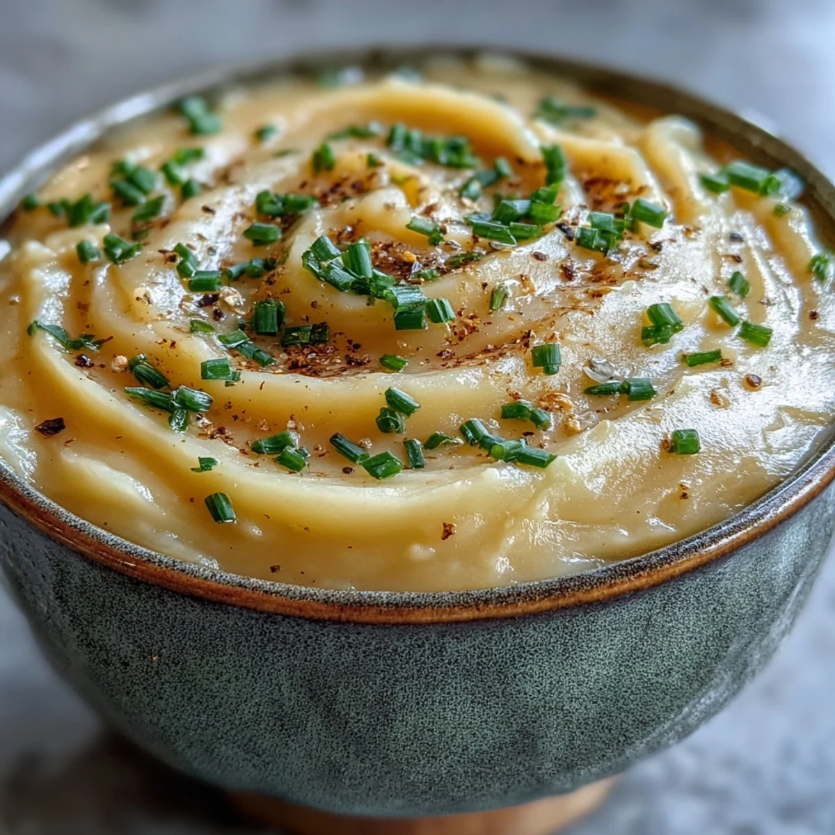 A comforting bowl of Cream of Potato Soup garnished with fresh chives and a swirl of cream.