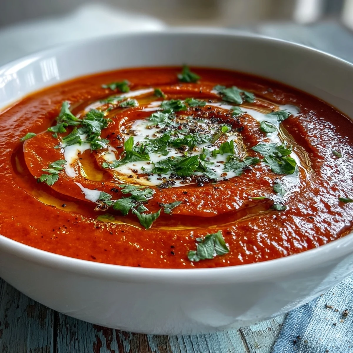 A bowl of Roasted Red Pepper Soup garnished with crème fraîche and cilantro, with crusty bread.