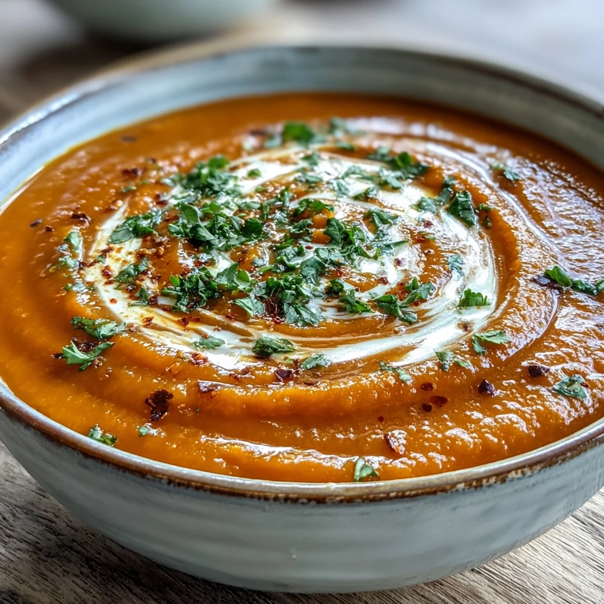Vibrant, blended Carrot and Lentil Soup with turmeric and cumin, served hot in a rustic ceramic bowl.