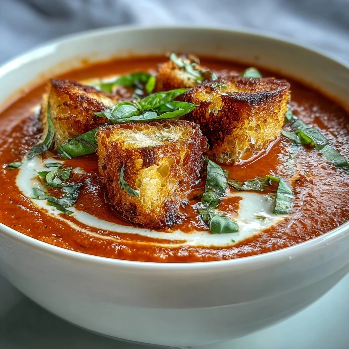 Roasted tomatoes and onions blend into a velvety soup, topped with basil and a drizzle of cream for garnish.