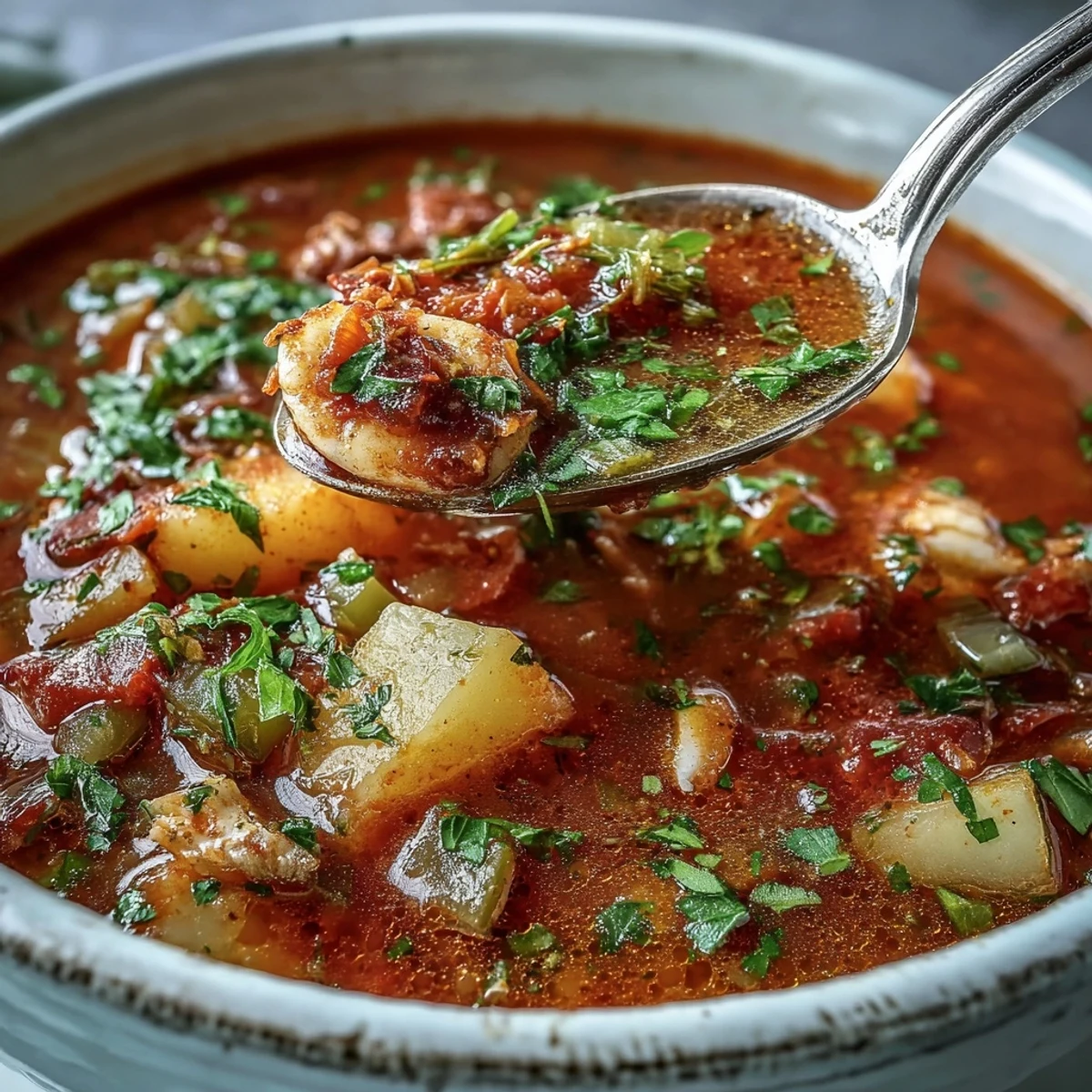 Steaming bowl of homemade Manhattan Clam Chowder, loaded with diced potatoes, carrots, celery, and tender clams in a rich red broth.
