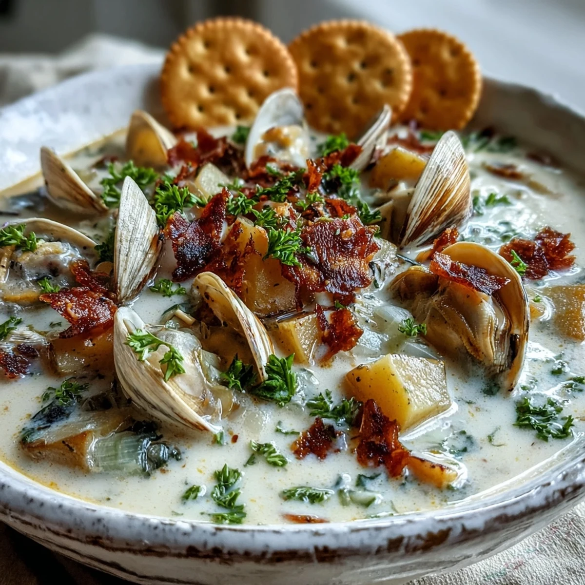 Creamy New England Clam Chowder in a rustic bowl, topped with oyster crackers, parsley, and crispy bacon bits.
